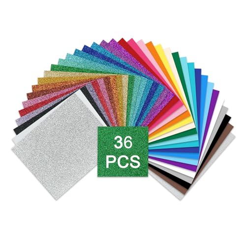HTV Heat Transfer Vinyl Bundle 36 Pack 12 x 10 Iron on Vinyl Sheets for T-Shirts More Than 20 Assorted Colors Sparkle Glitter & PU Heat Press Vinyls for All Cutter Machine Easy to Cut & Weed