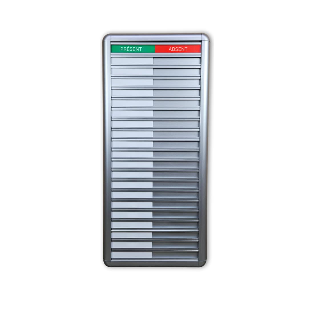 Tableau de présence et d’absence CombiCraft pour 20 personnes avec texte ‘Présent-Absent’, en aluminium avec 20 étiquettes coulissantes, dimension de 257 x 580 mm
