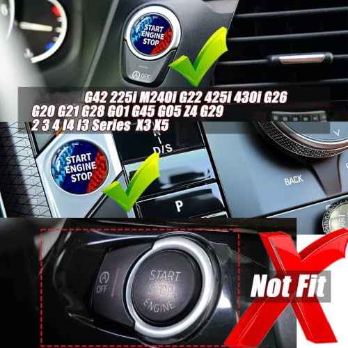 Image of Engine Start Stop Button Cover compatible with BMW Interior Accessories | 0.86 Inch Round compatible with X3 X5 Z4 2 3 4 i4 i3 Series,Tricolour Carbon Fiber Texture with High Gloss Resin surface