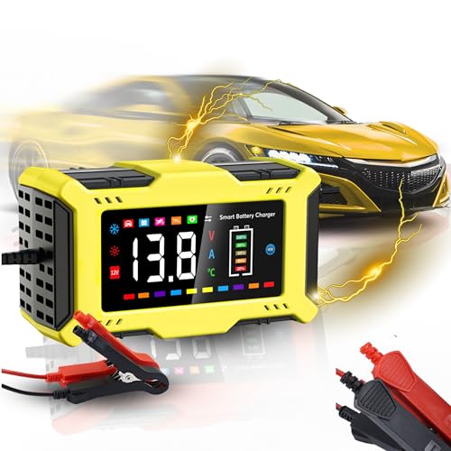 Image of BYWOKY 12V 6A Car Battery Charger, Lead Acid & Lithium Iron Battery Charger with Large Screen Display, Multi-Protection, Touch Keys, for 2-100Ah Batteries (Yellow)