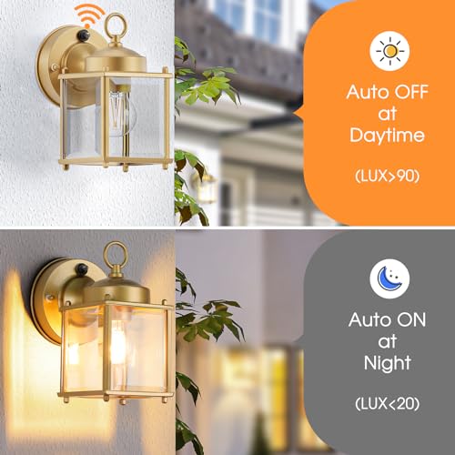 Image of MATAMEYE Dusk to Dawn Sensor Outdoor Wall Sconce, Exterior Waterproof Porch Wall Mount Lanterns, Gold Front Door Lights with Beveled Glass, 2 Pack