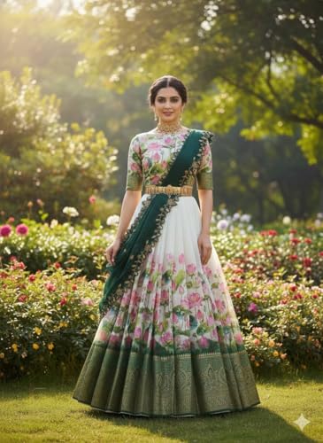 Image of ZITON Women's Indian Traditional Kanjivaram Silk Pure Weaving Lehenga Choli Along With Dupatta And Blouse Piece, Half Saree (Unstitched)