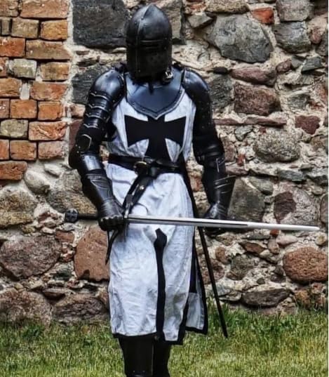 Medieval Knight Full Body Armor Costume, Black and White Steel, Templar Cross Design with Surcoat, Helmet, Guards, Belt