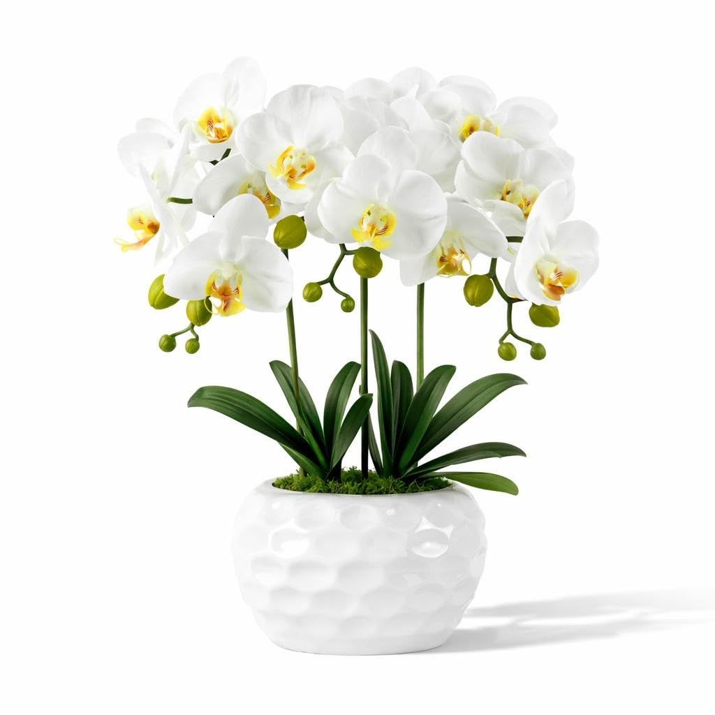 PlusFive Artificial Orchid, 47cm White Orchids Artificial Flowers in Pot, Fake Orchid Realistic Silk Phalaenopsis Flower Arrangement, Orchid Plant for Housewarming Gift/Table/Window Sill/Home Decor