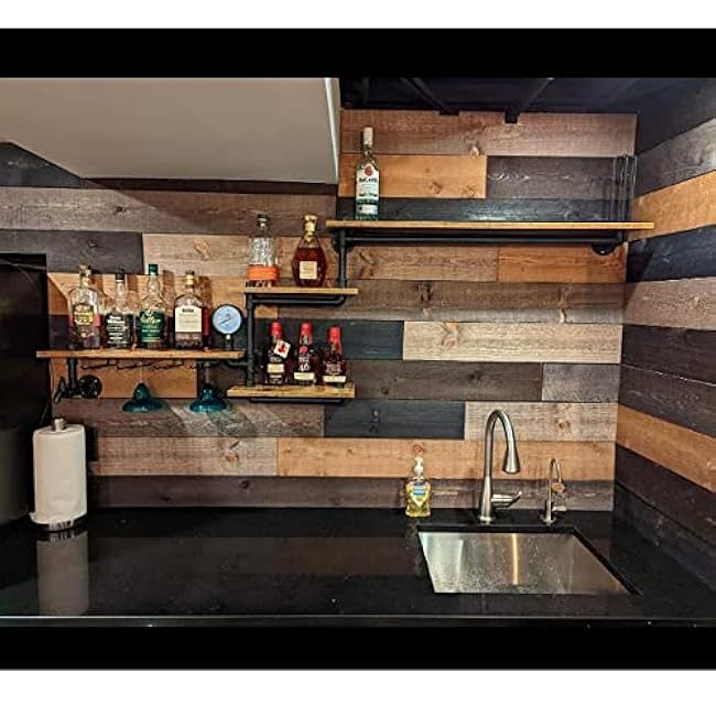 Industrial Pipe Shelves Wine Rack Wall Mounted with 4 Stem Glass Holder,Bar Shelves 39in Metal Hanging Wine Rack, Rustic Floating Pipe Shelf, Living Room Kitchen Decor Display Rack