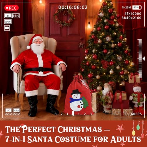 GLOSKIN 7 in 1 Weihnachtsmann Kostüm Set, Nikolaus Kostüm mit Mütze, Bart, Oberteil, Gürtel, Hose, stiefel und Geschenktüte für Weihnachts-Rollenspielpartys, Weihnachtsfeiern, Karneval und Theme