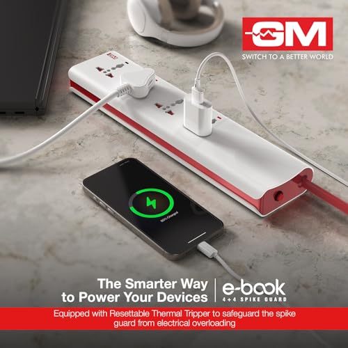 Image of GM 3061 E-Book Power Strip | 4 Universal Sockets + Individual Switches | 2m Heavy-Duty Cord | Thermal Trip Overload Protection | LED Indicator | Child Safety Shutters