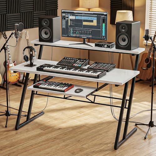 Image of FFO Music Studio Desk with Keyboard Tray | Multipurpose Work Desk for Home Office | Computer Table for Home, Office & Music Production | Laptop PC Workstation | White | 120L x 60W x 100H CM | DIY