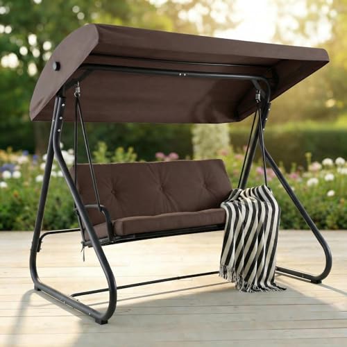 3-Seat Outdoor Swing Glider with Canopy, Converts to Flat Bed, Adjustable Shade, Removable Cushions, Heavy-Duty Steel Frame, 750 lbs Capacity, for Pat