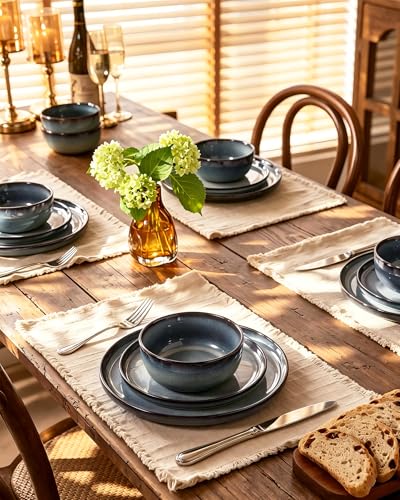 Image of Famiware Milkyway Stoneware Dinnerware Set, 16-Piece, Including Pasta Bowl, Double Reactive Glaze, Plates and Bowls, Service for 4, Microwave and Dishwasher Safe, Scratch-Resistant, Dusty Blue