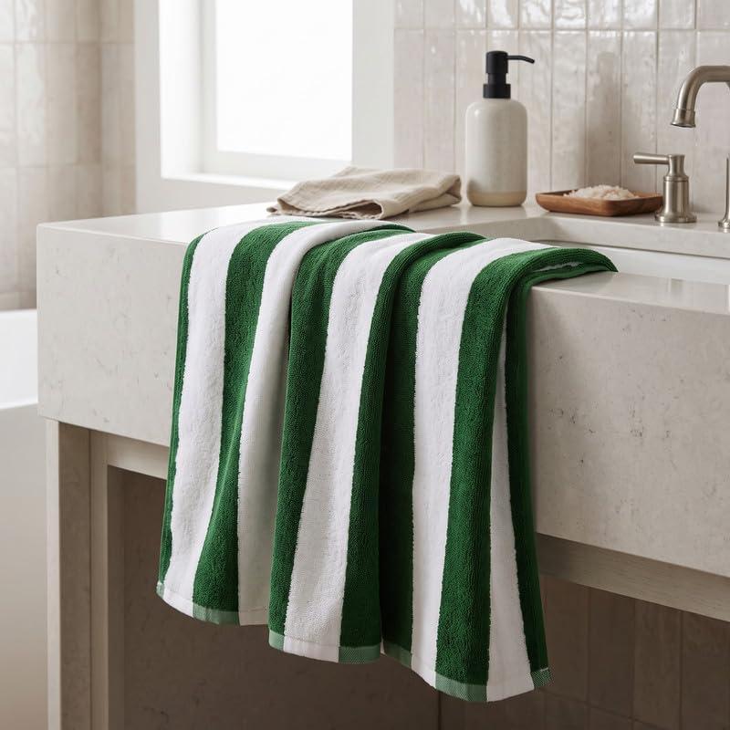 Image of TowelWala Extra Large Cotton Pool & Bath Towel | 180x90 cm | 450 GSM Cotton | Quick Drying & Highly Absorbent | Striped Design for Adults | TW PT GRN Pack 2