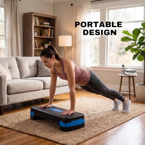 Image of Burnlab Aerobic Stepper, Two Height Level Adjustments - 4 inches and 6 inches, Slip-Resistant & Shock Absorbing Platform for Extra-Durability (Blue)