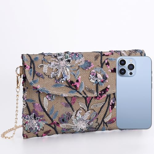 Image of Clutch Purses for Women, Envelope Package, Sequin Embroidered Flowers Straw Bag, Bohemian Handmade Handbags