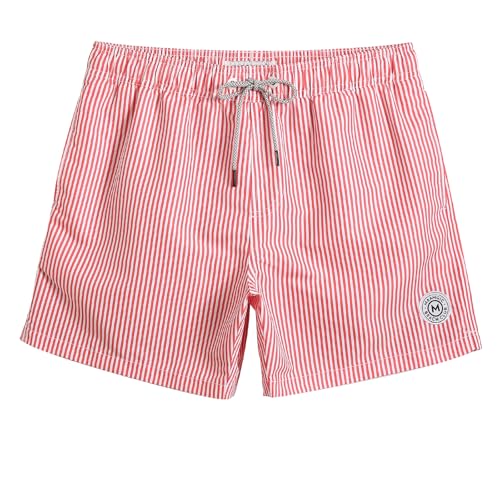 MaaMgic Mens Swimming Shorts Quick-Dry Swim Trunks Mesh Lining Board Shorts Water Repellent Surfing Bathing Beach Shorts with Pockets Stripe Red White