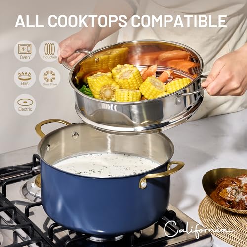 Image of CAROTE 8QT Full Clad Tri Ply Stainless Steel Stock Pot with Lid, Kitchen Stockpot Soup Pot, Outer Ceramic Layer, Even Heating, All Stoves Compatible, Oven & Dishwasher Safe, Stay Cool Handle, Blue