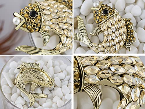 Image of Alilang Women's Gold Toned Gunmetal Champagne Rhinestone Crystals Faux Pearl Fish Lapel Pin Brooch
