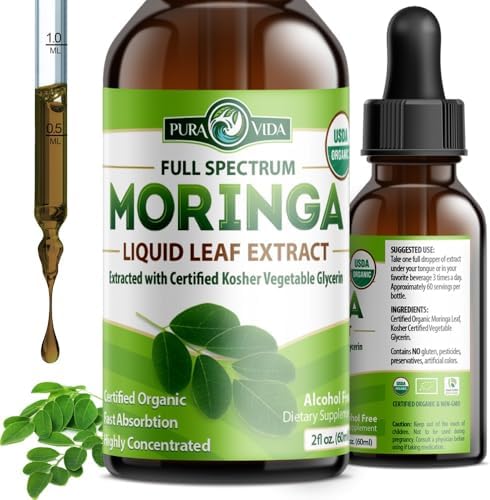 PURA VIDA MORINGA Leaf Extract Liquid Drops – USDA Organic Certified – Highly Purified, Bioavailable & Faster Absorption than Moringa Powder or Capsules – Single Origin Moringa Oleifera Leaves Extract