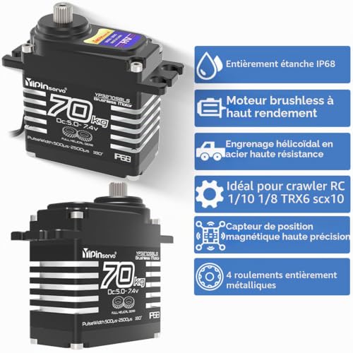 Geekstory Servomoteur numérique 70 kg 8,4 V 180 ° sans balais RC Servomoteur haute torgue étanche IP68 engrenage hélicoïdal en acier avec bras servo 25T 1/8, 1/10 RC voiture robot bateau – vue 3