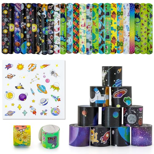 Cocurb 54 Pcs Slap Bracelets With 48 Design Friendship Bracelets For Kids 8 to 12 Years Old with 28 Pcs Sticker Birthday Party Favors Bulk For Kids Classroom Prizes Exchanging Present