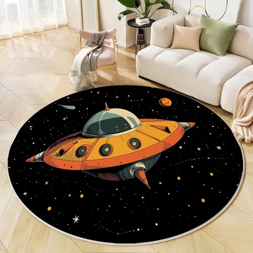 Tapis de zone ronde vaisseau spatial orange lavable et doux