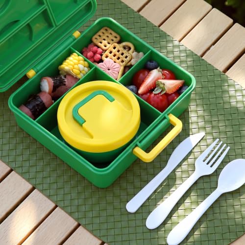 Image of House of Quirk 'NomNom' 1800ml Building Block Bento Lunch Box with 300ml Bowl, Microwave Safe, 3 Compartments, Spoon, Fork & Knife for School, Office & Picnic (Green)