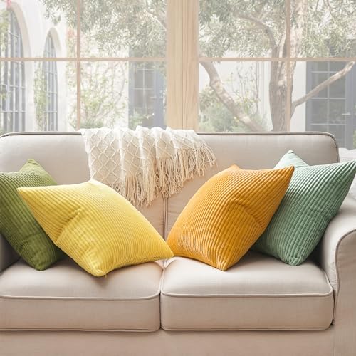 Image of Topfinel Euro Shams Decorative Throw Pillow Covers 26x26 Inch Set of 4,Oversized Large Cushion Cases for Couch Sofa,Living Room,Corduroy Yellow Green Summer Home Decor