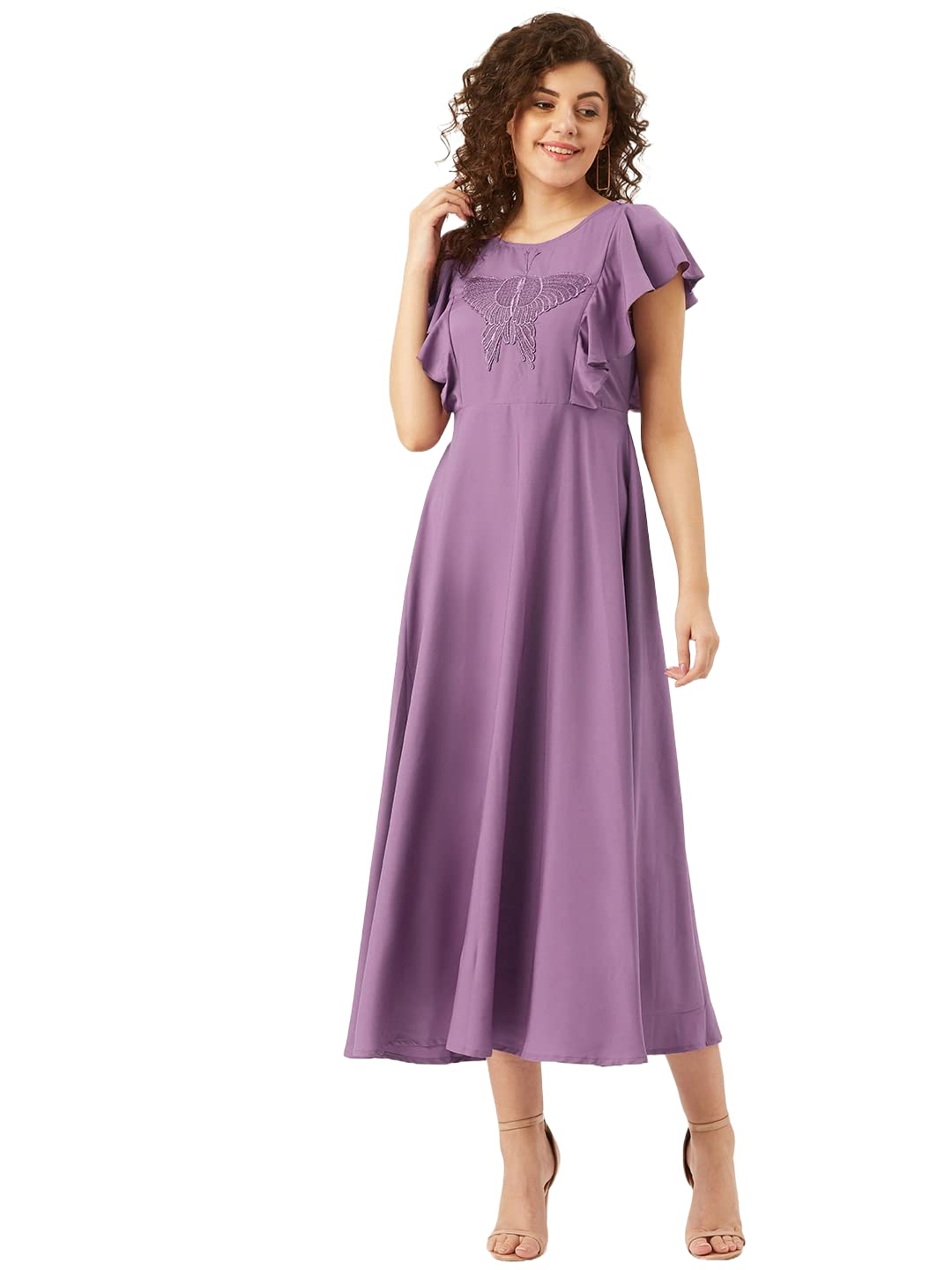 U&FPurple Butterfly Embroidered Yoke Design Ruffled Maxi Dress
