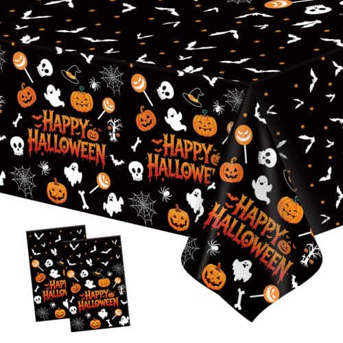Image of Halloween Tablecloth Party Decorations - 2 PCS Happy Halloween Tablecloth Disposable, Plastic Black and Orange Pumpkin Ghost Table Cloth Cover Rectangle for Halloween Party Decor Supplies, 54 inch x 108 inch