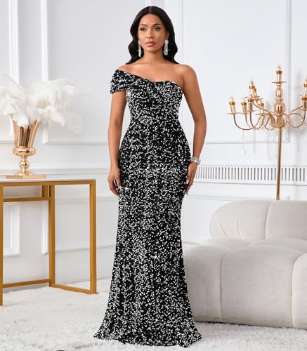 Image of Cololura Women Sexy Sequin One Shoulder Mermaid Formal Party Cocktail Gowns Bodycon Evening Maxi Dress