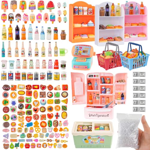 Miniature Food Play Set for Kids - Includes Refrigerator Freezer Ice Cream Drinks & Display Shelves Realistic Toy for Imaginative Play for Toddlers