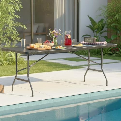 Image of FDW 6FT Folding Table, Portable Fold-in-Half Plastic Picnic Party Table with Carrying Handle (Black Ratten, 6FT)