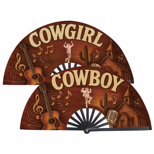 Image of 2PCS Fans for Line Dancing, Cowgirl&Cowboy 13inch Large Hand-held Flat Fan Western Style Popping Fan for Party, Festival, Club, Dancing