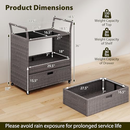 Image of Giantex Rolling Wicker Cart Rattan Bar Cart Outdoor Serving Cart Wicker Trolley Portable Kitchen Trolley Cart W /Shelves and Big Drawer for Dining Room, Restaurant, Party, Poolside Use