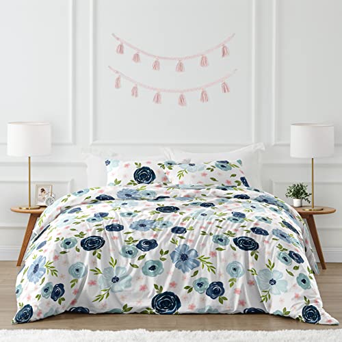 Image of Sweet Jojo Designs Navy Blue and Pink Watercolor Floral Girl Full /Queen Size Kid Childrens Bedding Comforter Set - 3 Pieces - Blush, Green and White Shabby Chic Rose Flower