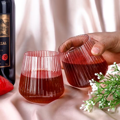Image of Lueumxc 40 Pack Plastic Ribbed Wine Glasses, 14Oz Origami Disposable Wine Glasses Unbreakable Clear Plastic Cocktail Glasses Recyclable Shatterproof Reusable Wine Cups (14oz-pink-40pack)