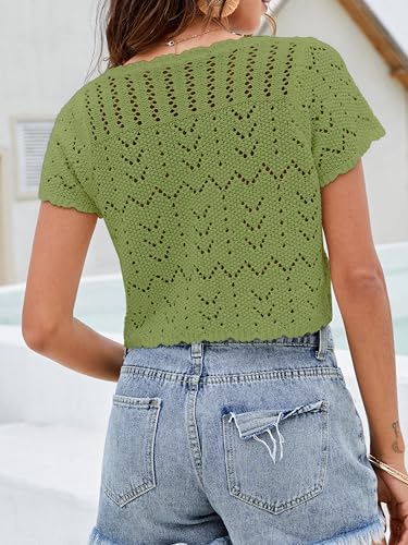 Image of Crochet Cardigans For Women Spring Summer Beach Short Sleeve Shrug Cropped Boho Lightweight Sweater Cover Up Tie Front Tops