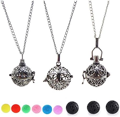 Julie Wang 3PCS Antique Silver Essential Oil Diffuser Necklace Aromatherapy Pendant Perfume Jewelry Tree/Clouds/Butterfly Cage with Lava Beads