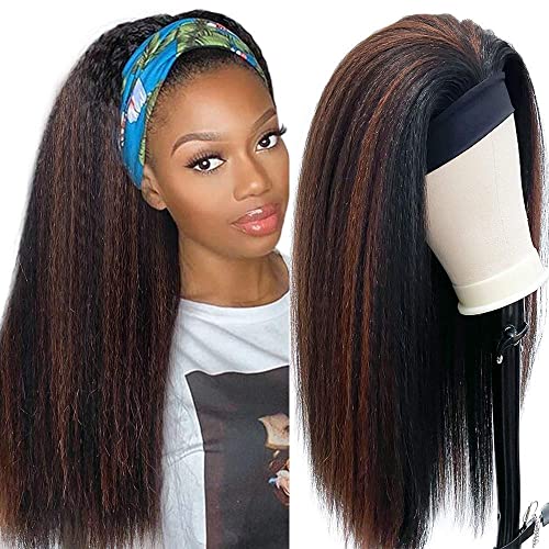 Yaki Kinky Straight Headband Wig Synthetic Glueless Wigs for Black Women 24 Inch Long Yaki Straight Wigs with Headband Attached 150% Density Heat Resistant Fiber Hair for Daily Use