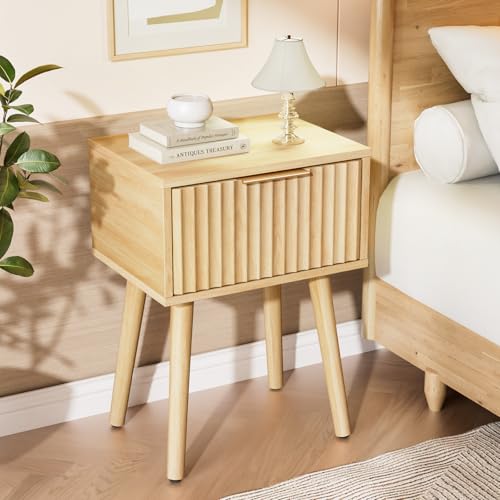 Image of VINGLI Night Stand Set 2, Fluted Nightstands with Drawer, Mid Century Modern Nightstands Set of 2, Bedside Table, End Table, Wood Nightstand for Bedroom, Natural Oak, 15.75 inch W*11.81 inch D*21.85 inch H