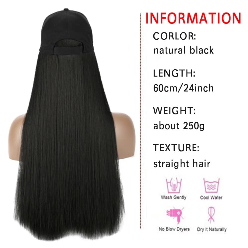 LaLuLoLi Baseball Cap with 24"/60cm Synthetic Hair Extensions Black Hat Straight Hair Long Natural Black Hairpiece Attached Hats Hair Pieces Wig for Women Daily Party Use (natural black) - Image 3