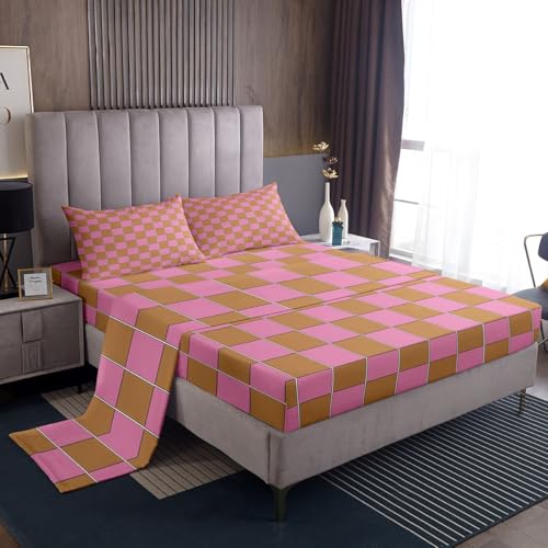 Image of Erosebridal Gaming Plaid Sheet Set Twin Geometric Checkered Bed Sheets Pink Brown Bedding for Kids Boys Girls,Cute Checkerboard Bed Sheets Set 3 Piece