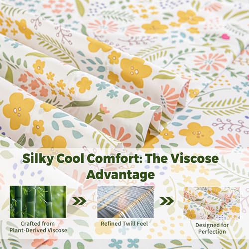 Image of Bedlifes Queen Floral 4-Piece Sheet Set - Cooling Sheets Blend Rayon Derived from Bamboo,Soft & Breathable, Deep Pocket 16 inch, Wrinkle Resistant - Featuring Floral