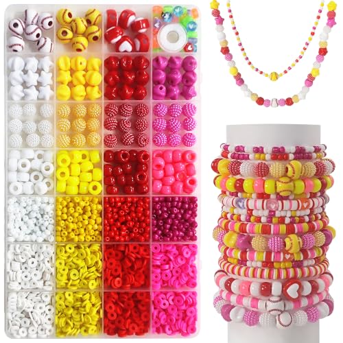 Softball Sports Beads Bracelets Jewelry Making Kit Handmade Softball Keychain DIY Craft Making Accessories Supplies (White Yellow Red Pink) 1 Box