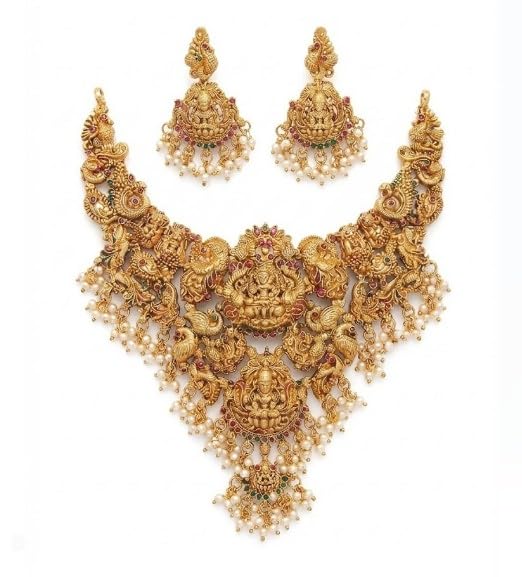 Traditional Matte Gold Plated Goddess Lakshmi Temple Jewellery Set for Women | Heavy Bridal Nakshi Choker Necklace with Matching Jhumka Earrings | Ruby & Emerald Kemp Stone Studded with Pearl Clusters | Ethnic Wedding Jewelry Set-image-17