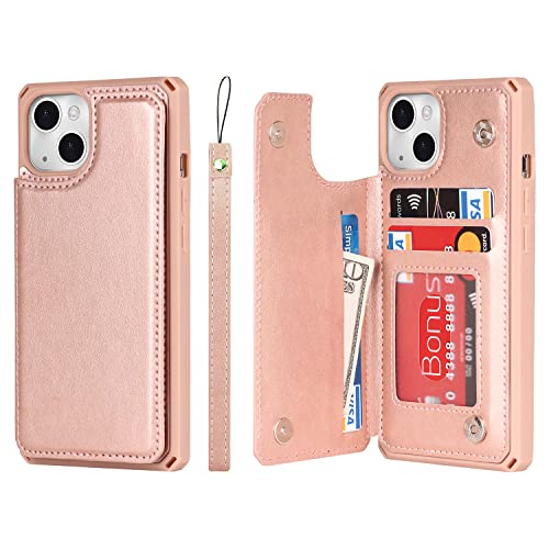 Coque à rabat iPhone 13 antichoc idéale pour voyager léger avec vos cartes et lanière or rose