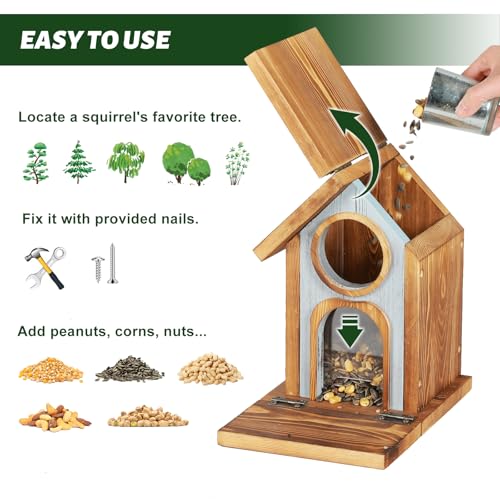 MIXXIDEA Wooden Squirrel Feeder, Large Capacity Squirrels Feeders for Outside, Sturdy Construction, No Assembly Lovely Chipmunk Feeder for Corn, Peanut, Nuts, Chestnuts (Brown-1pk)
