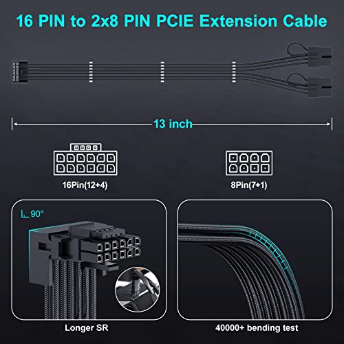 Bangfun 16Pin GPU RTX 4070 Super Power Adapter Cable 90 Degree, PCIE 5.0 16Pin Male to 2X8Pin Female Right Angled 12VHPWR GPU Extension Cable for Geforce RTX 4070 5070 Ti RTX 5080-13inch Black - Thumbnail 5