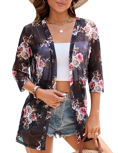 Image of iClosam Women Casual 3 /4 Sleeve Sheer Open Front Cardigan Sweater Kimono