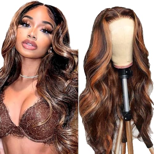 AiPliantfis Body Wave Human Hair Wig Brown Real Hair 4X1 Lace Glueless Wig Wear and Go P430 Highlight Pre Plucked 150% Density Unprocessed Brazilian Virgin Hair 18 Inch