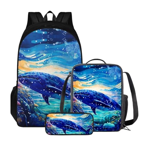Set di 3 libri per bambini + portapranzo + astuccio per matite per studenti zaino di grande capacità per ragazzi e ragazze Mare Balena Blu